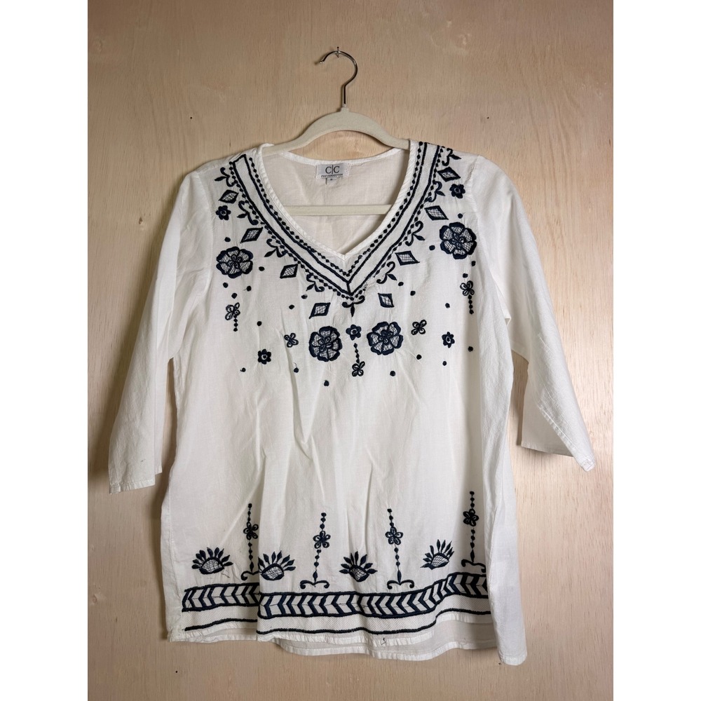 Chic Connection‎ Tunic Women S White good  Embroidered Cotton Boho V-Neck Top